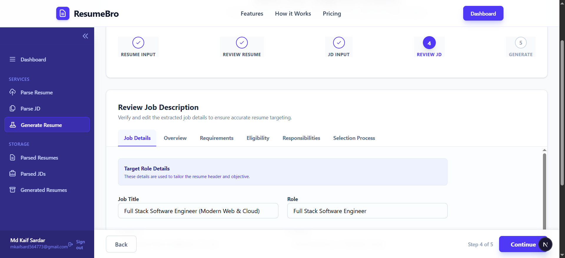 Resume generation step 4 — parsed JD review